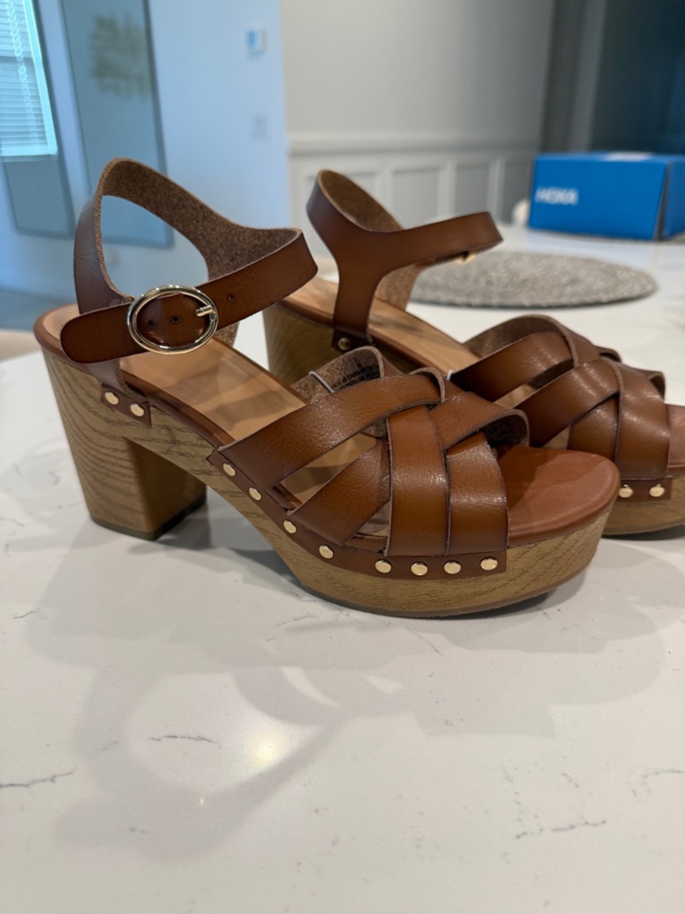 Old Navy Brown Leather Platform Clog Sandals with Stud Accents